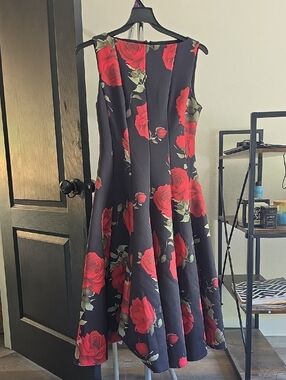Fashion Nova Black Midi Dress with Red Rose Print